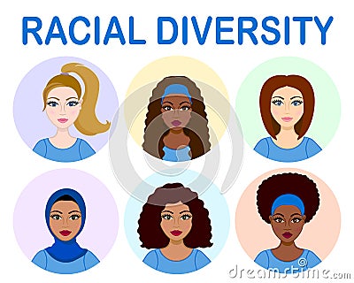 Racial divercity icons. Set of avatars. Arab, african, hispaniclatina and european caucasian women. Different haircuts: wavy h Vector Illustration